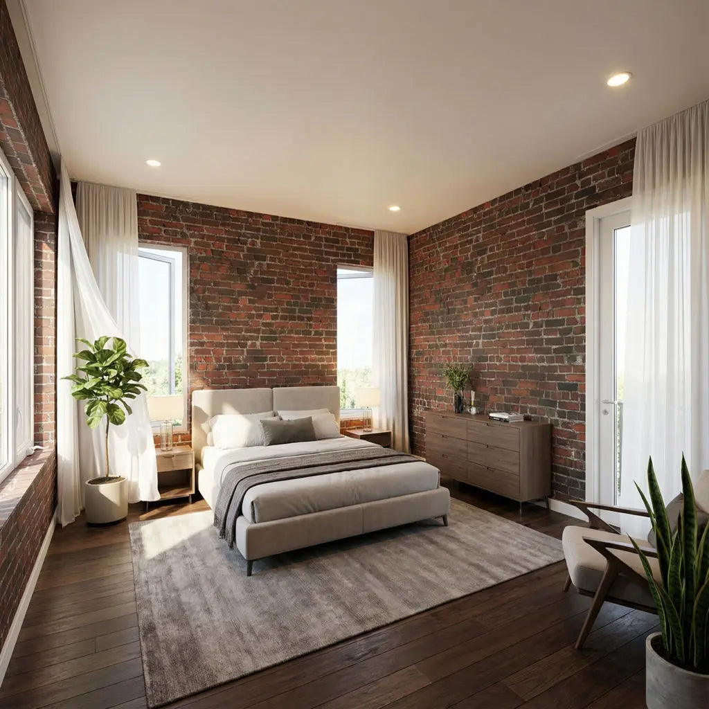 Détail du papier peint HD-BR03 Chicago montrant des briques rouges et brunes foncées avec une patine industrielle.