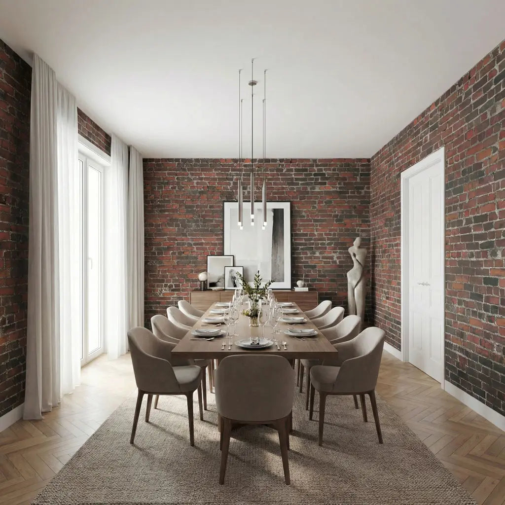 Détail du papier peint HD-BR03 Chicago montrant des briques rouges et brunes foncées avec une patine industrielle.