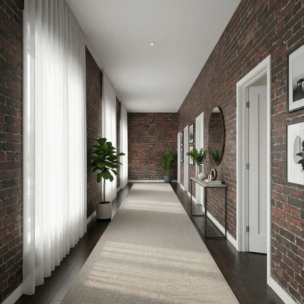 Détail du papier peint HD-BR03 Chicago montrant des briques rouges et brunes foncées avec une patine industrielle.