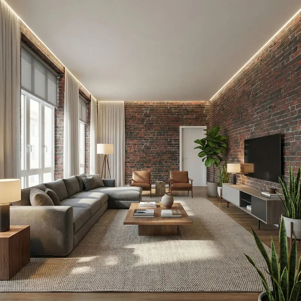 Détail du papier peint HD-BR03 Chicago montrant des briques rouges et brunes foncées avec une patine industrielle.