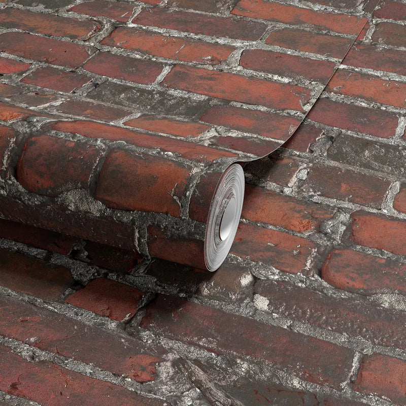 Détail du papier peint HD-BR03 Chicago montrant des briques rouges et brunes foncées avec une patine industrielle.